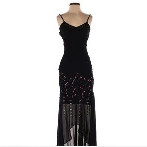 Sue Wong Black High Low Dress with Pink Floral Details